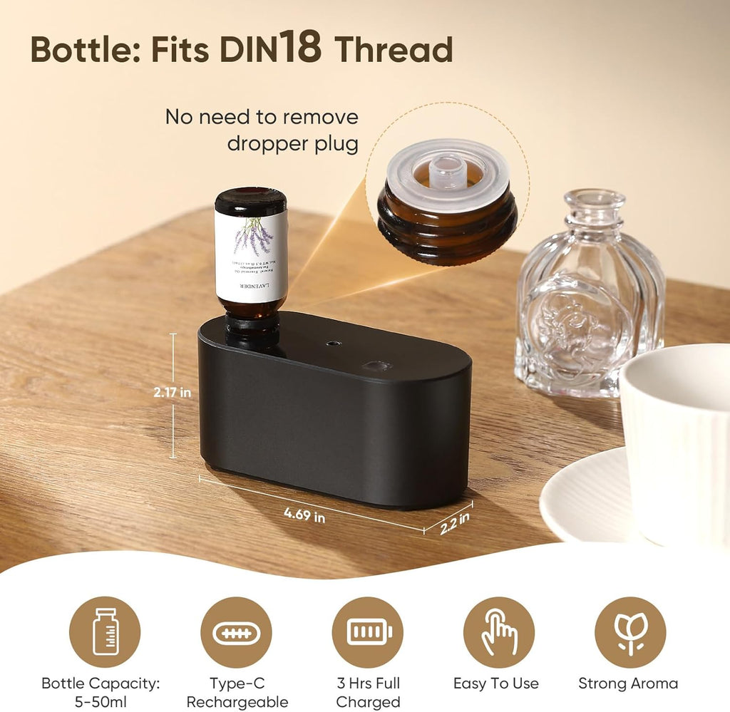 Waterless Diffuser for Essential Oil Nebulizer,Battery Operated Mini Scent Air Machine, Aromatherapy Atomizing Diffuser, 3 Mist Modes, Cycle Start for Bedroom, Home, Office 160-400 sq. ft Scent Black
