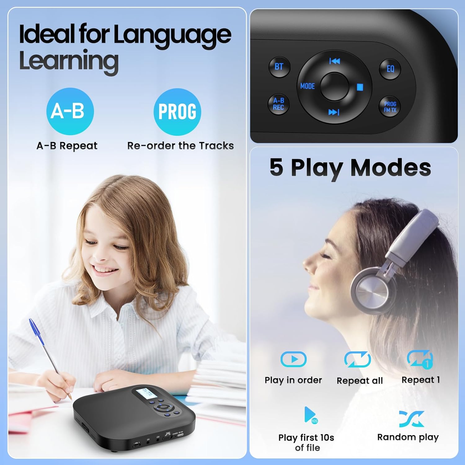 Arafuna CD Player Portable, Bluetooth CD Player with Speakers, 2000mAh Rechargeable CD Player FM Radio, Audio Music Player Support Headphones/USB/AUX