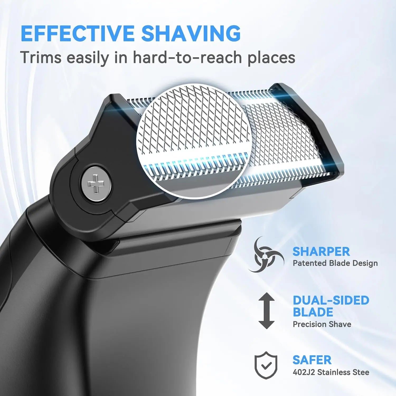 Close-up of dual-sided stainless steel blade on black electric beard trimmer