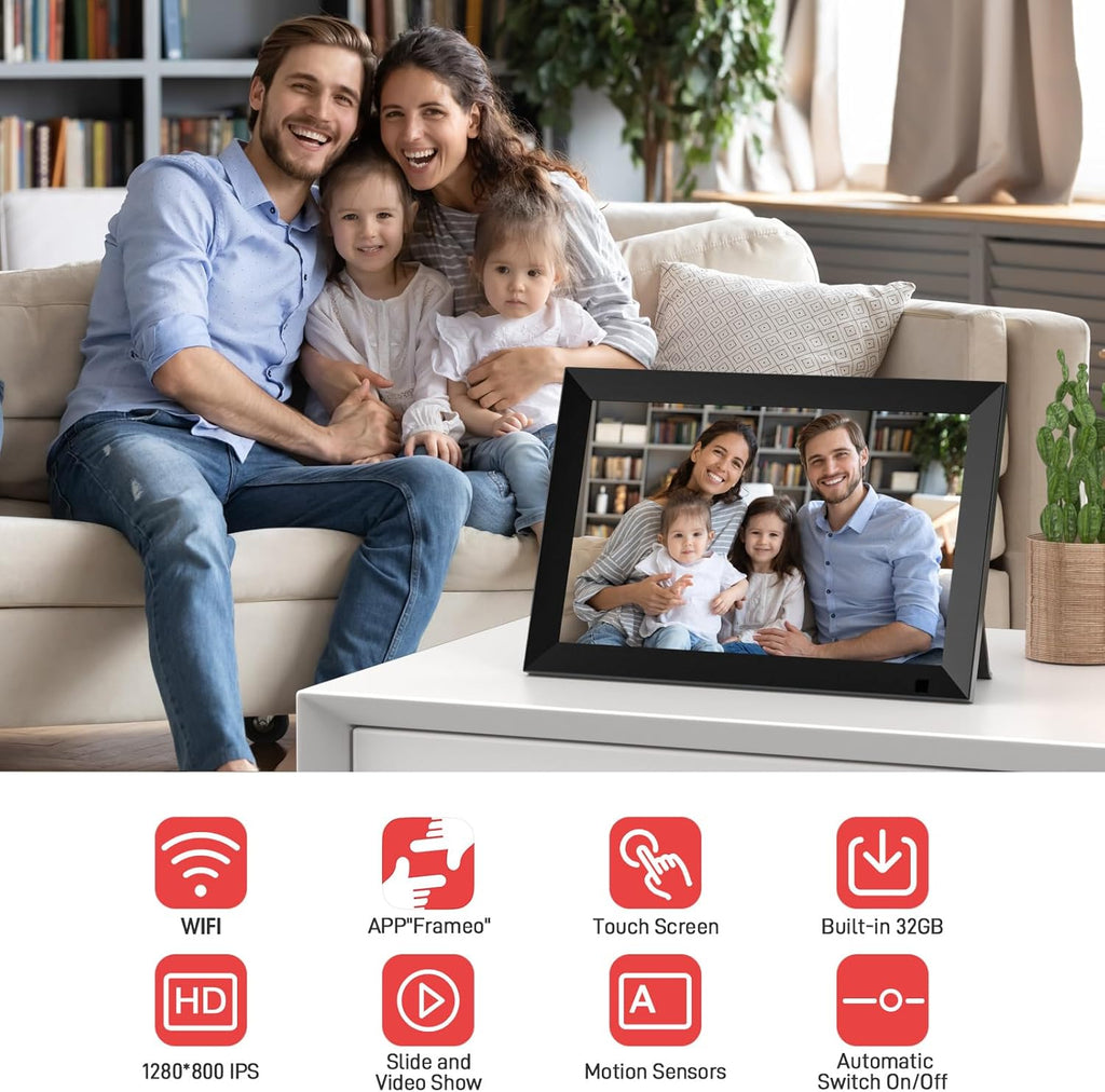 GGUA 10.1 Inch Digital Photo Frame Wifi Built in 32GB Memory, 1280x800 IPS LCD Touchscreen, Auto-Rotate and Audio, Quick and Easy Share Photos or Videos via the Frameo App, the Best Choice for Gifting