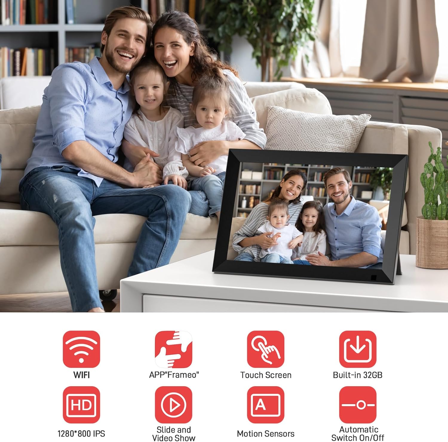 GGUA 10.1 Inch Digital Photo Frame Wifi Built in 32GB Memory, 1280x800 IPS LCD Touchscreen, Auto-Rotate and Audio, Quick and Easy Share Photos or Videos via the Frameo App, the Best Choice for Gifting