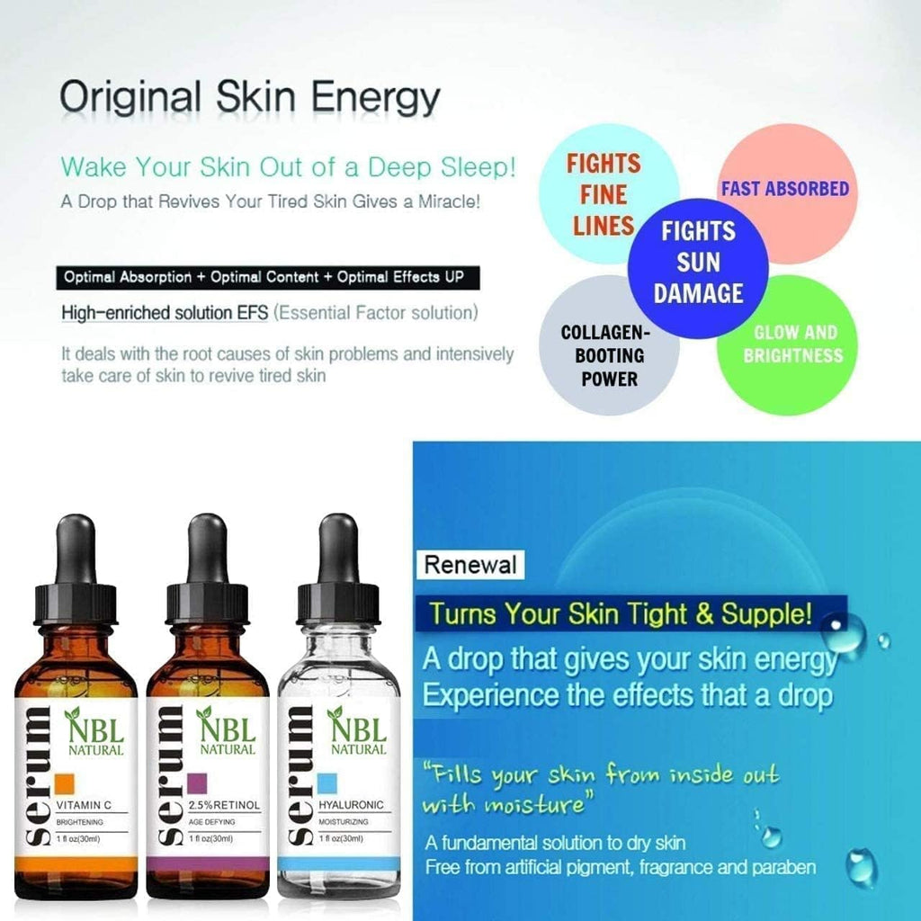 NBL NATURAL Anti Aging Set with Vitamin C Retinol and Hyaluronic Acid Serum for Anti Wrinkle and Dark Circle Remover All Natural and Moisturizing (3 x 30 ML)