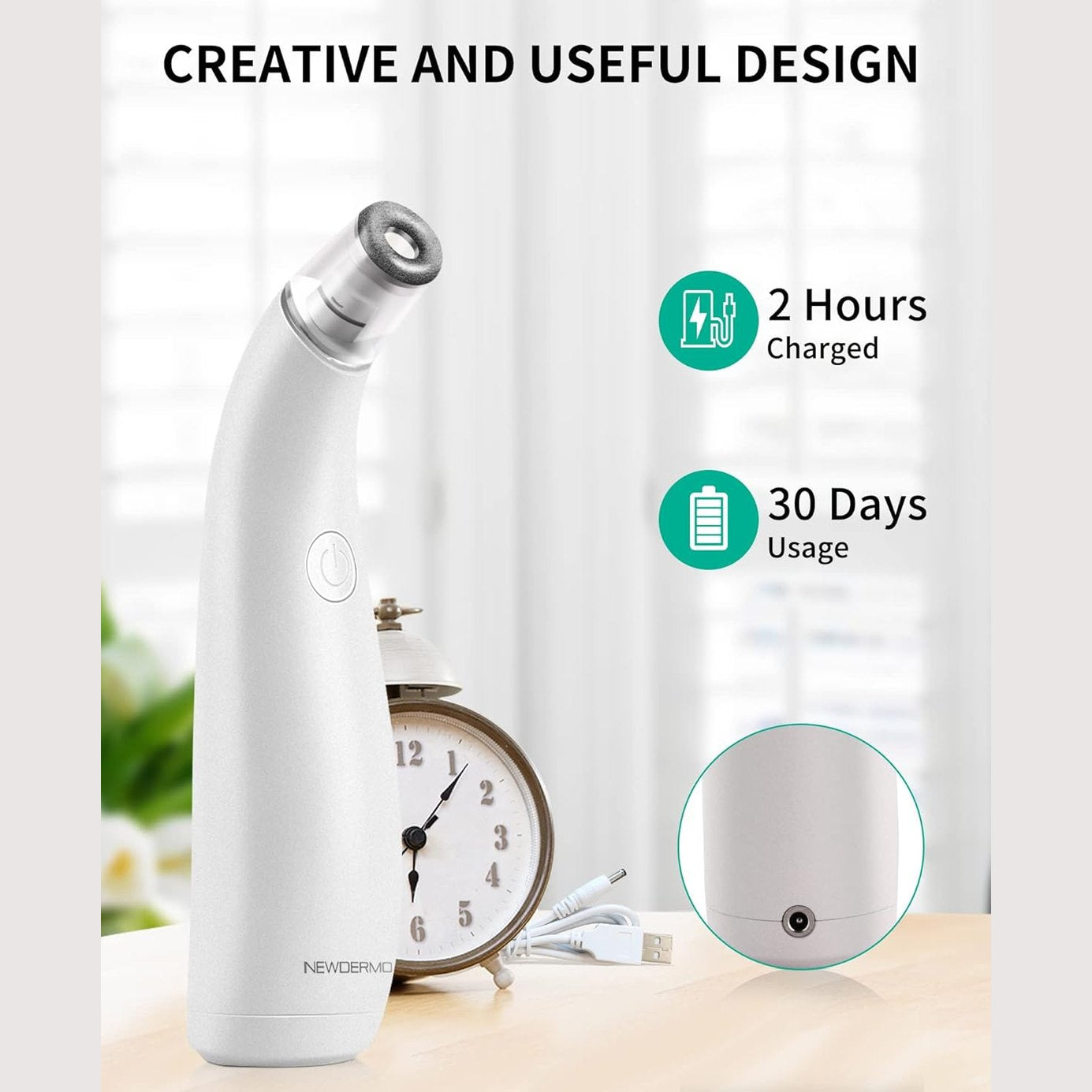 NEWDERMO 2-in-1 Microdermabrasion Machine for Facial, Diamond Microdermabrasion Device USB Rechargeable - Advanced Home Facial Treatment Machine (White)