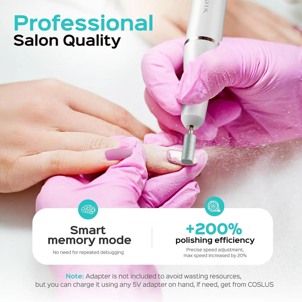 Professional salon usage of cordless nail drill on purple polished fingernails