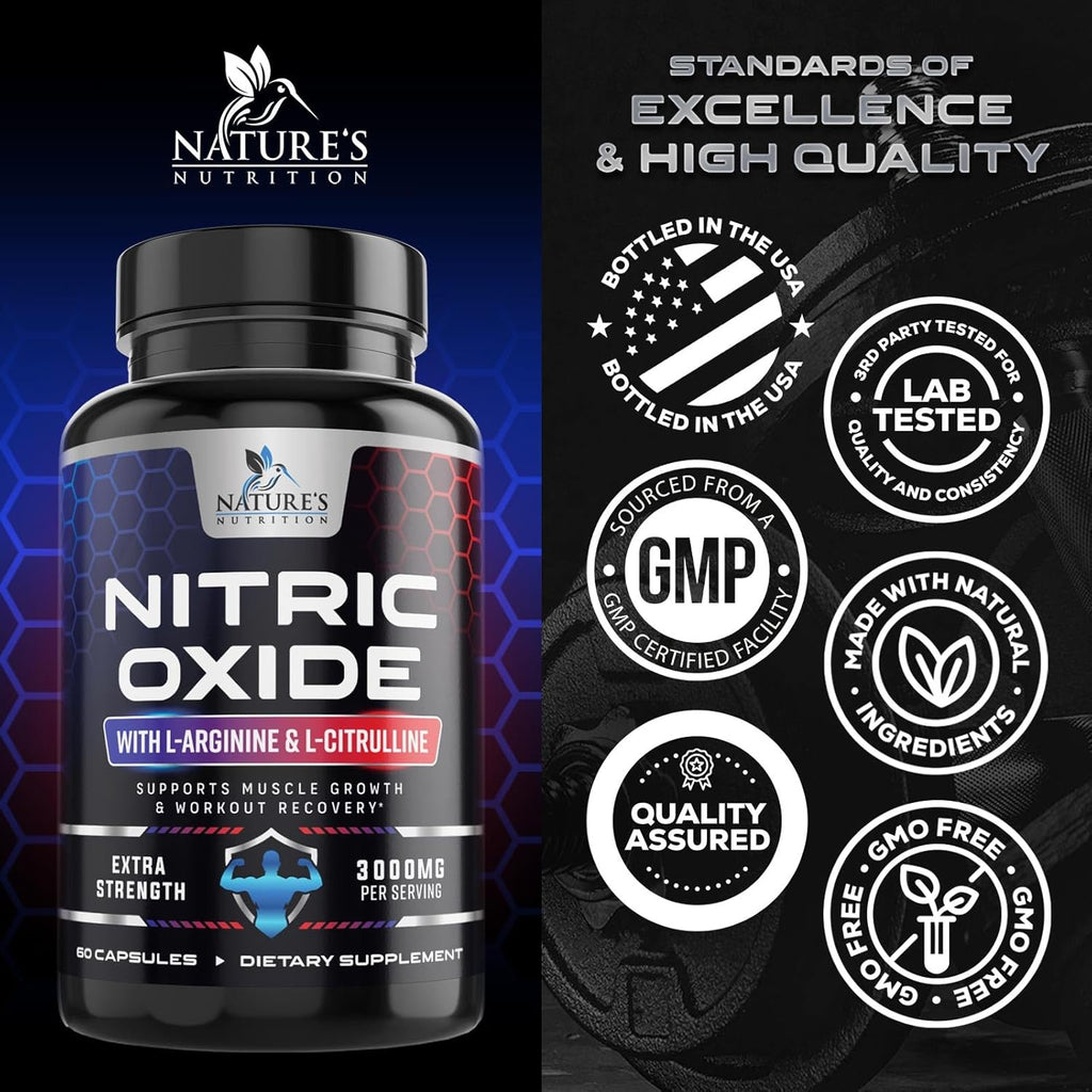 Quality assurance badges for bottled in USA, third-party tested, and GMO free supplements