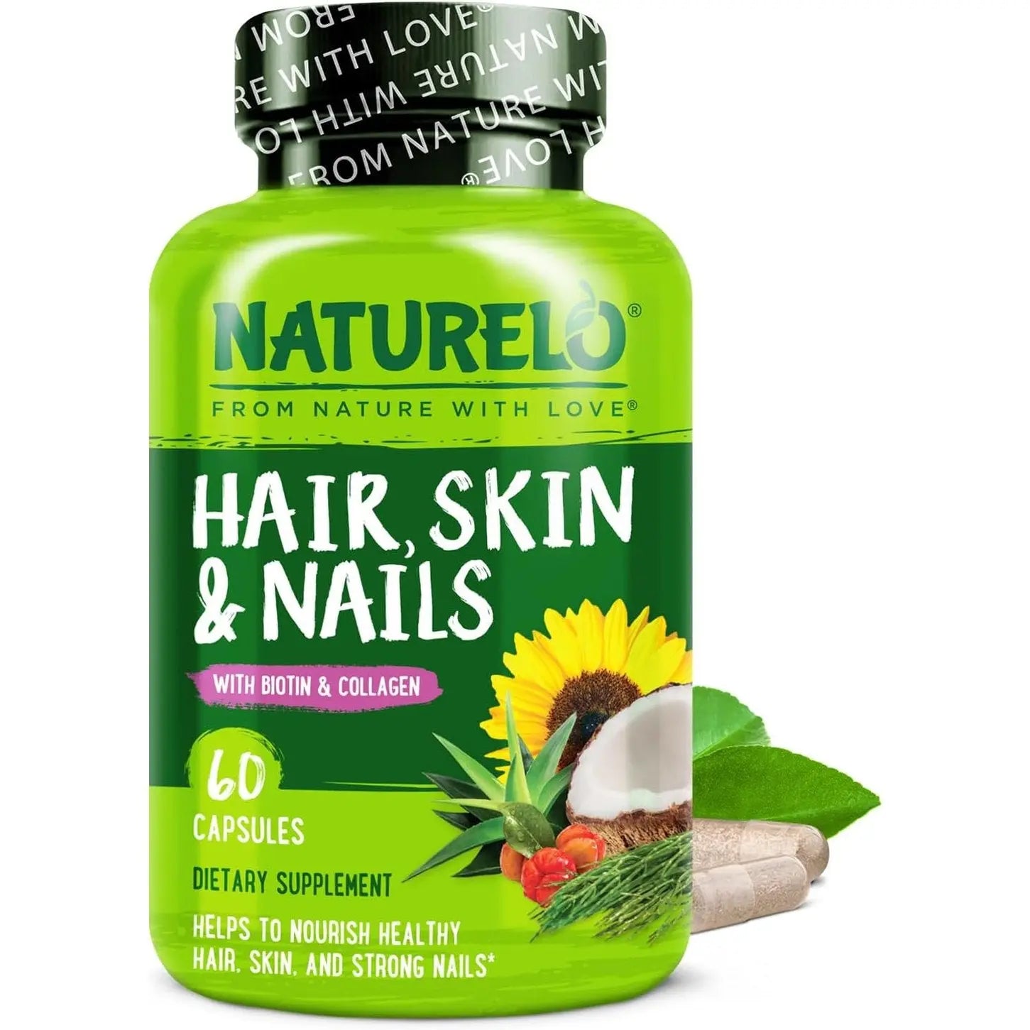 NATURELO Hair, Skin and Nails Vitamins - 5000 mcg Biotin, Collagen, Natural Vitamin E - Supplement for Healthy Skin, Hair Growth for Women and Men – 60 Capsules