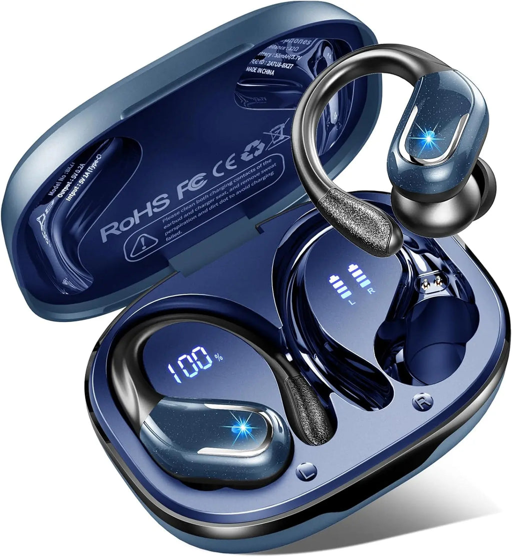 Wireless Earbuds, Bluetooth 5.3 Headphones with 4 ENC Noise Cancelling Mic, 75H Wireless Headphones In Ear Stereo Sound Deep Bass, 2024 Bluetooth Earphones IP7 Waterproof LED Display for Running, Blue