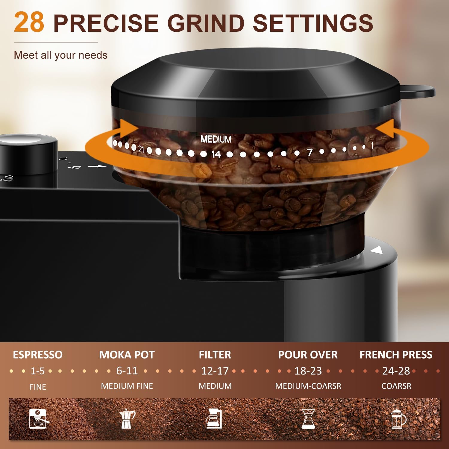 Electric Coffee Grinder,Adjustable Coffee Grinder with 28 Precise Grinding Positions for French Press, Drip Coffee and Espresso,12 Cups,Black
