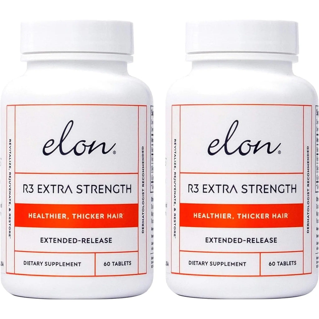 Two bottles of Elon R3 extra strength hair growth vitamins for healthy thick hair