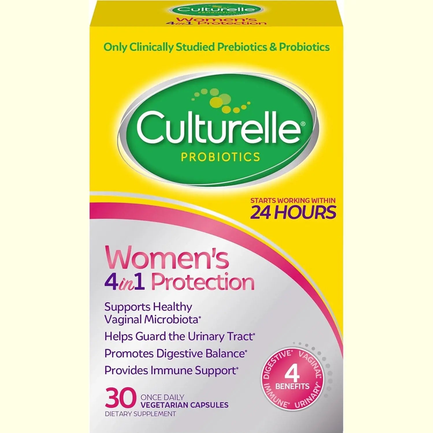 Culturelle Probiotics for Women with Prebiotics - 4-in-1 for Vaginal, Digestive, Urinary & Immune Health - pH Balance, Bloating & Gas Relief - Daily Vegetarian Capsules, Non-GMO - 30 Count