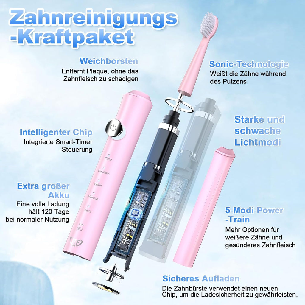 JTF Electric Toothbrush, Sonic Toothbrush with 8 Brush Heads, 5 Modes & Smart Memory, 2 Minute Timer, IPX7 Waterproof, Rechargeability, Quick Charge 3H, Adults (Pink)