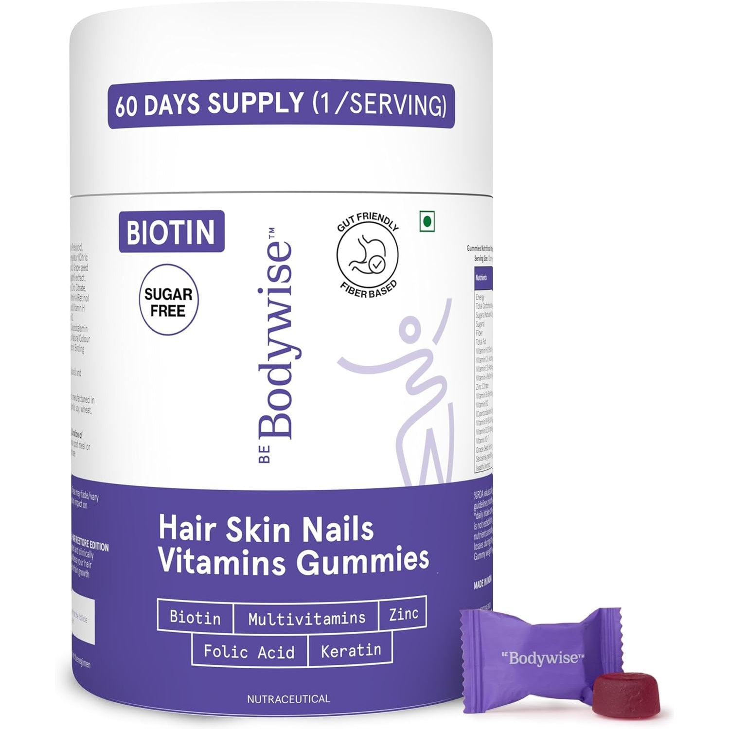 Be Bodywise Biotin Hair Gummies I Sugar Free I 60 Day Pack I Healthy Hair,Skin,Nails I '6-in-1' Biotin, Zinc, Folic Acid, Vitamin C, Keratin & Multivitamin I Gut FriendlyI Strawberry FlavorI100% Vegan