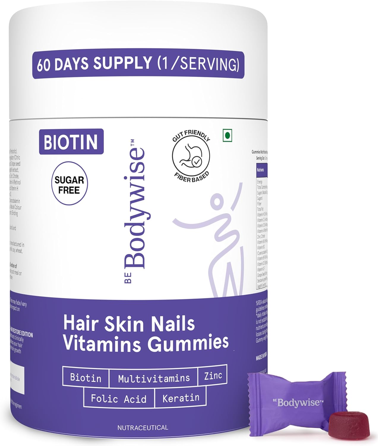 Be Bodywise Biotin Hair Gummies I Sugar Free I 60 Day Pack I Healthy Hair,Skin,Nails I '6-in-1' Biotin, Zinc, Folic Acid, Vitamin C, Keratin & Multivitamin I Gut FriendlyI Strawberry FlavorI100% Vegan