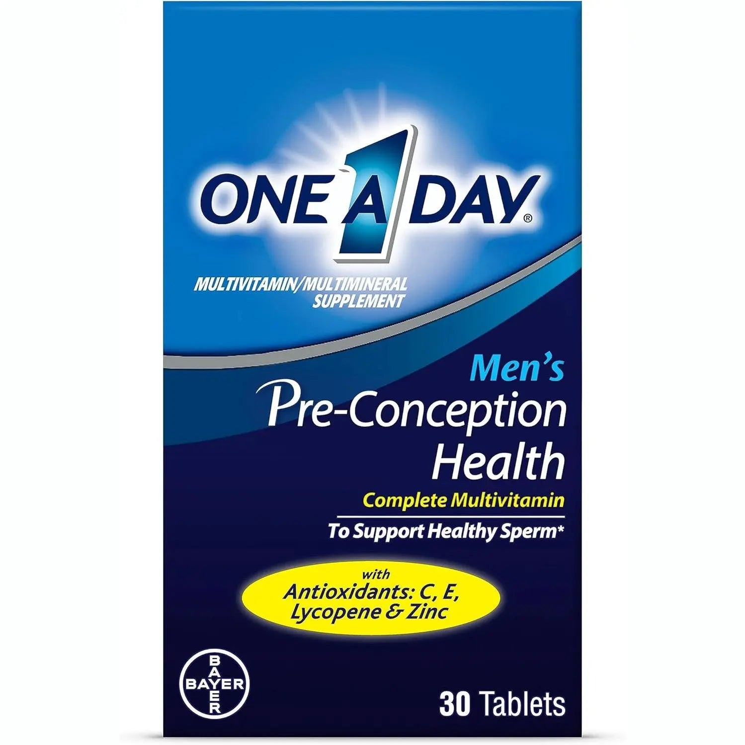 One A Day Men's Pre-Conception Health multivitamin box with antioxidants