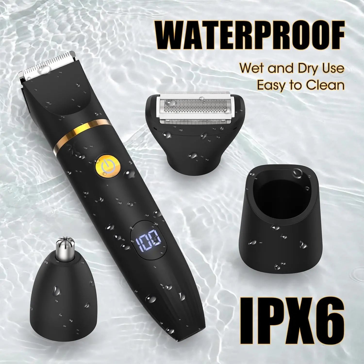 Qreeyx Manscape Body Trimmer for Men, 3 in 1 Men's Grooming Kit with Pubic/Nose Hair Trimmer & Ball Shaver for Nose/Balls/Groin/Legs/Chest Hair Removal, LED Display, IPX6 Waterproof, Gifts for Him Dad