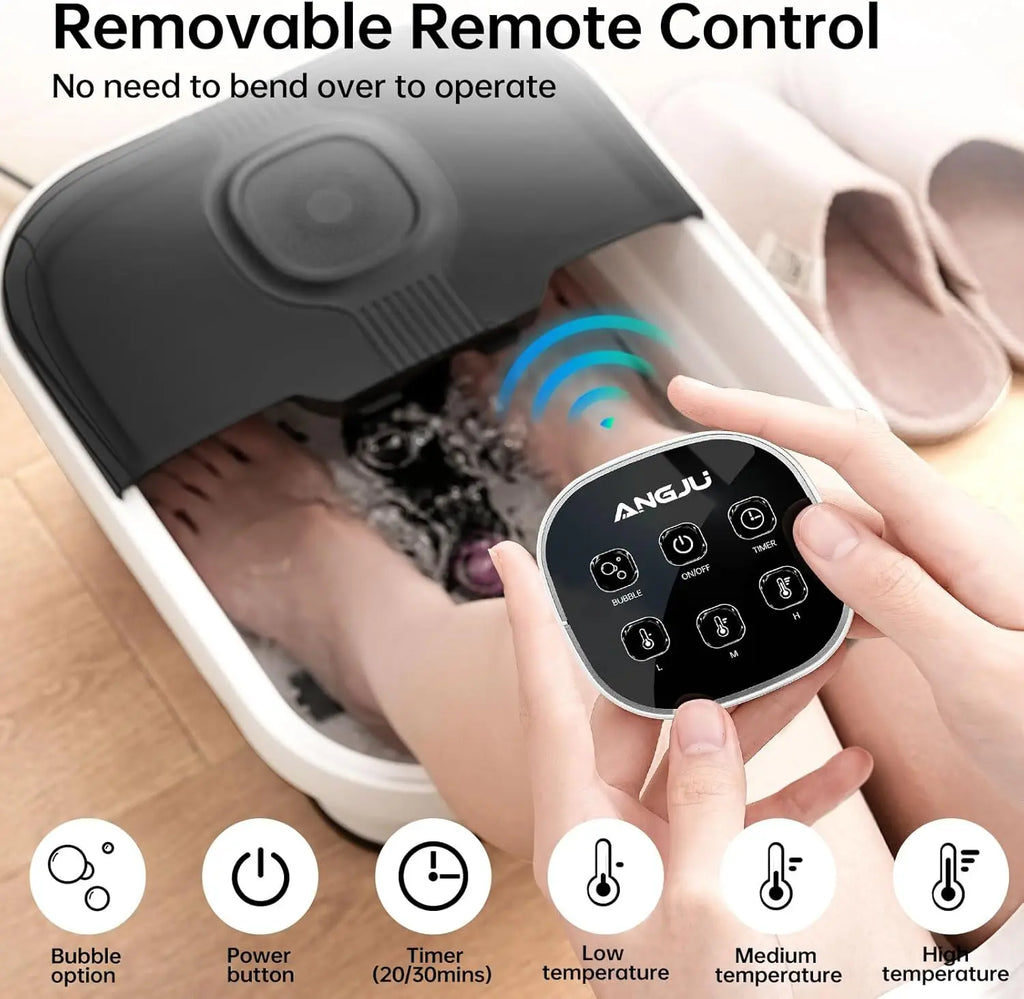 Angju Collapsible Foot Spa with Heat, Remote Temperature Control and Bubble, 6 Massage Rollers, Timer and Pumice Stone, Electric Pedicure Foot Spa Machine for Feet Stress Relief