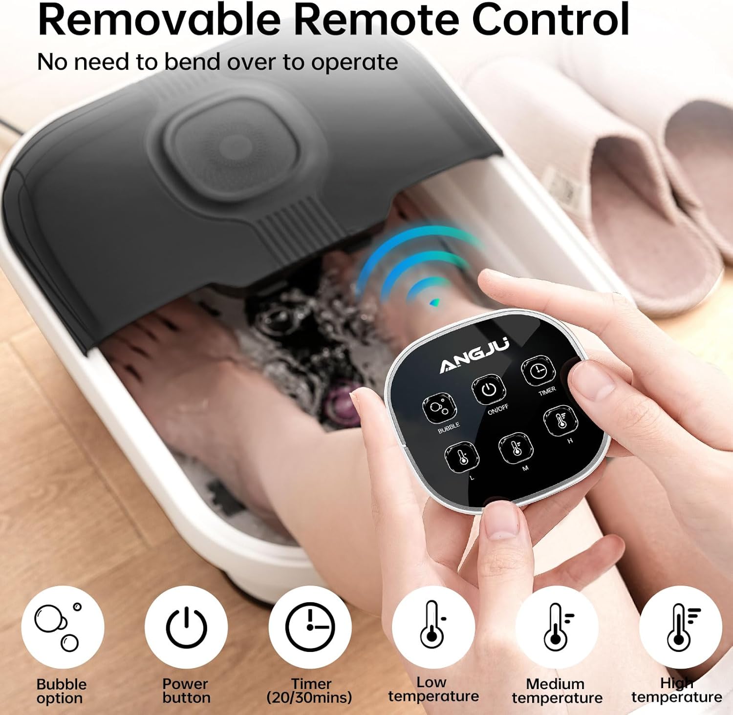Angju Collapsible Foot Spa with Heat, Remote Temperature Control and Bubble, 6 Massage Rollers, Timer and Pumice Stone, Electric Pedicure Foot Spa Machine for Feet Stress Relief