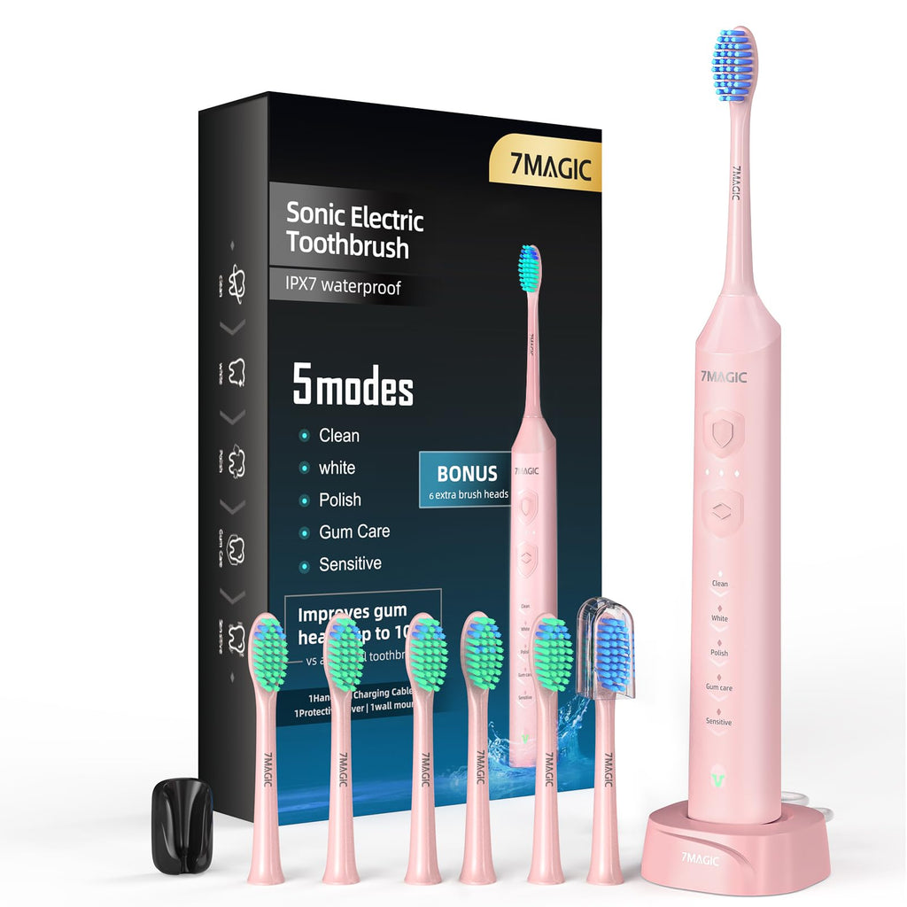 7MAGIC Electric Toothbrush, Sonic, 6 Modes, 3 Intensity, 40000VPM, IPX7, 90 Day Battery, Timer, Blue