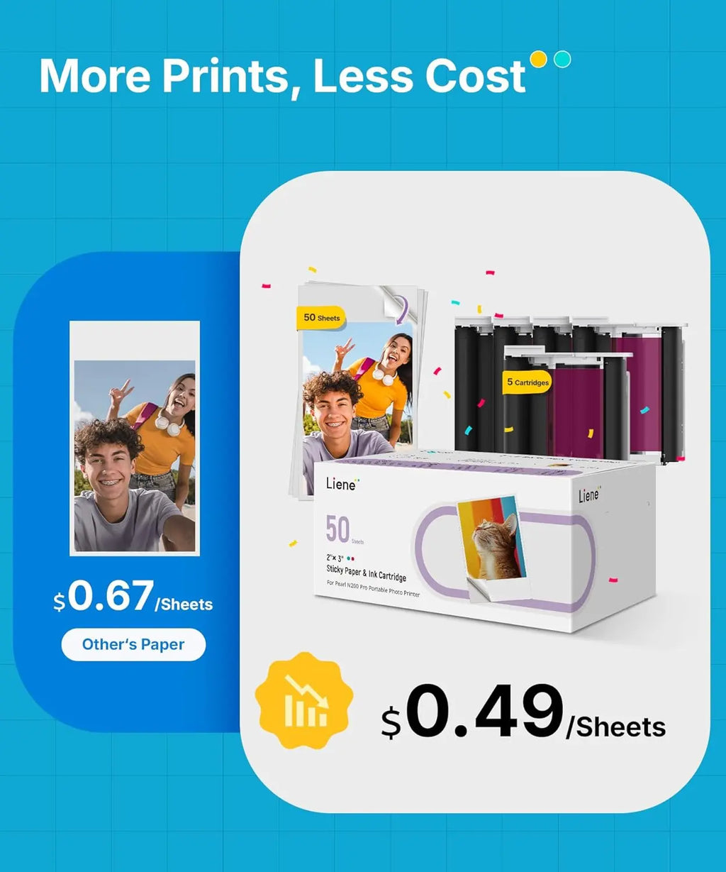 Liene Pearl N200 Pro Portable Photo Printer, Instant Mini Picture Printer for iPhone Smartphone, Thermal Dye Sublimation, Bluetooth Sticker Printer 50 Sheets 2x3 Adhesive Paper & 5 Cartridges, Gold