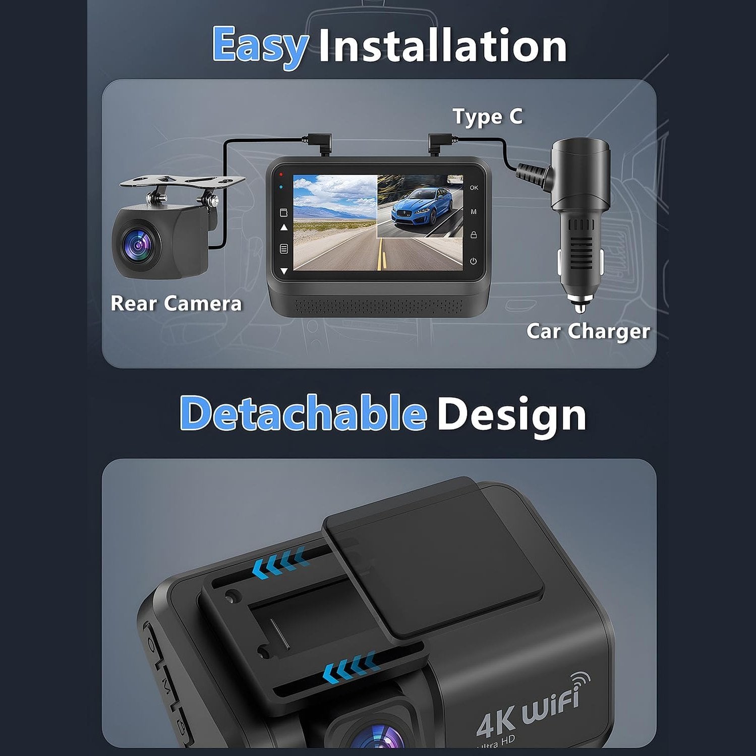 CHORTAU Dash Cam Front and Rear, 4k+1080P WiFi Dual Dash Cam with APP, 3’’ IPS Dash Camera for Cars with Free 64GB Card, Dashboard Camera with Night Vision, 24/7 Parking Monitor, WDR, Loop Recording