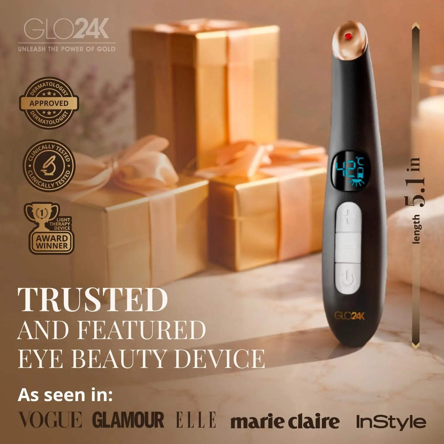 GLO24K UNLEASH THE POWER OF GOLD Eye Care Beauty Massager. For Radiant, Beautiful Skin Around Eyes.