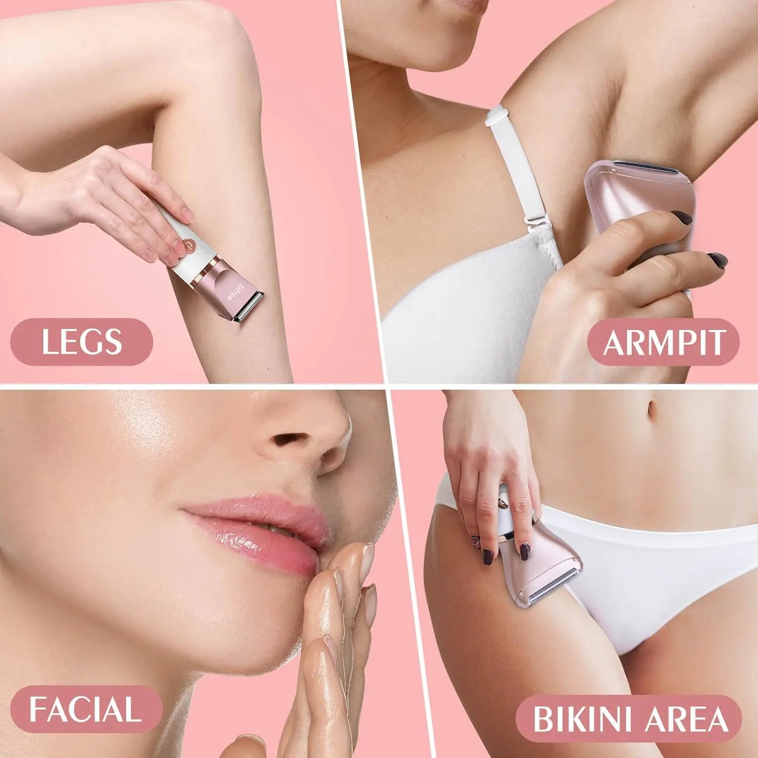 Ufree Bikini Trimmer for Women, Electric Razors Shaver for Face Body Pubic, Wet & Dry Use Grooming Kit, Gentle Hair Removal, 3 in 1 Waterproof and Cordless Hair Trimmer, USB Recharge, Gold