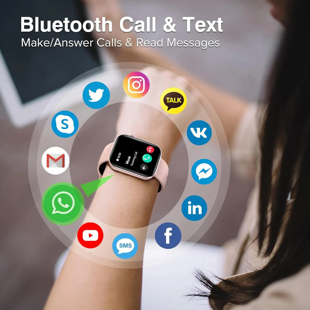 Pink smartwatch wrist shot showing Bluetooth call and text notifications