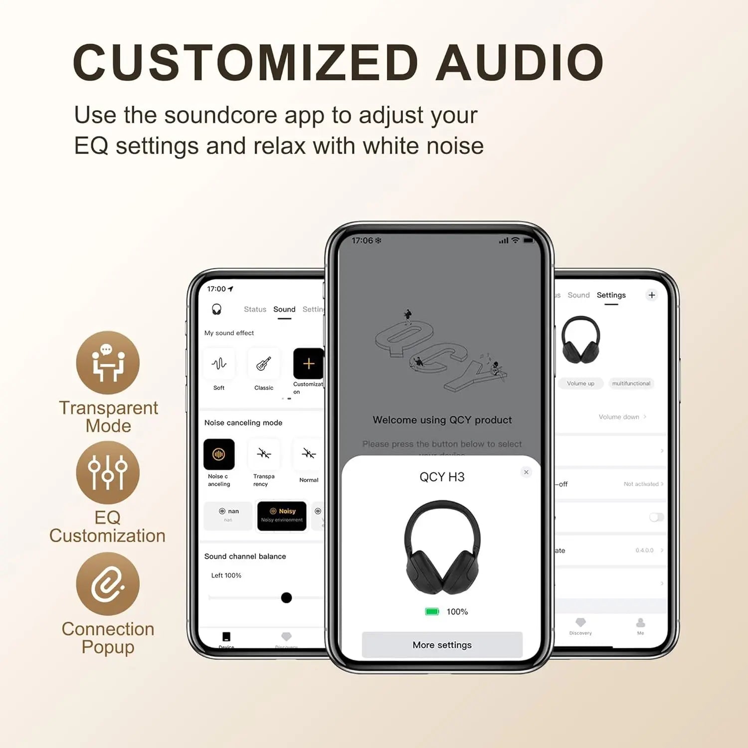 QCY H3 Wireless Bluetooth 5.4 Headphones with Hybrid Active Noise Cancellation, Hi-Res Audio, 60 Hours Playtime, Foldable Over Ear Headphones Compatible with iOS/Android