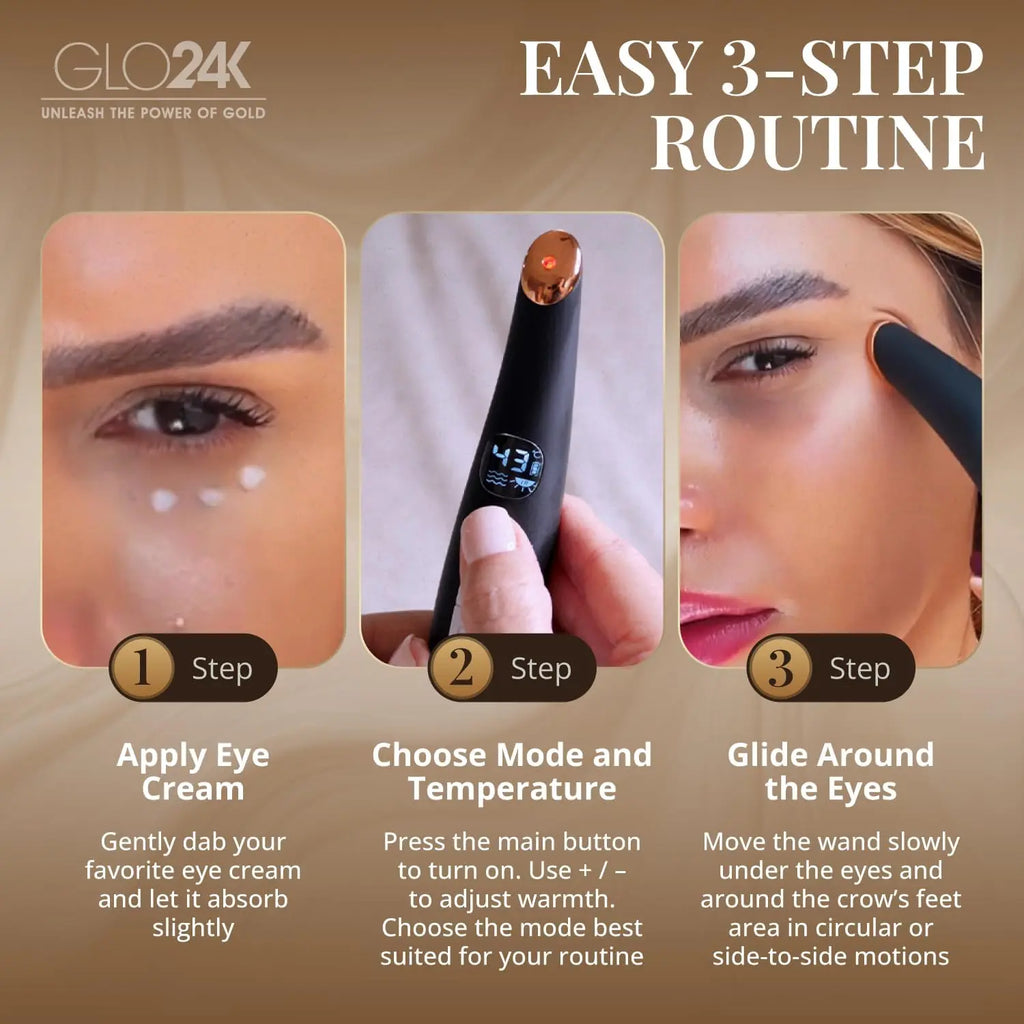 GLO24K UNLEASH THE POWER OF GOLD Eye Care Beauty Massager. For Radiant, Beautiful Skin Around Eyes.