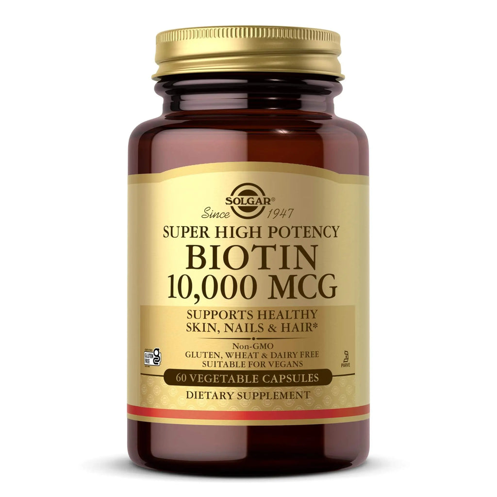 Solgar Biotin 10000 mcg Vegetable Capsules Energy Metabolism Promotes Healthy Skin Nails Hair Super High Potency NonGMO Vegan Gluten Free Dairy Free Kosher Servings, Standard Packaging, Unflavored, 120 Count