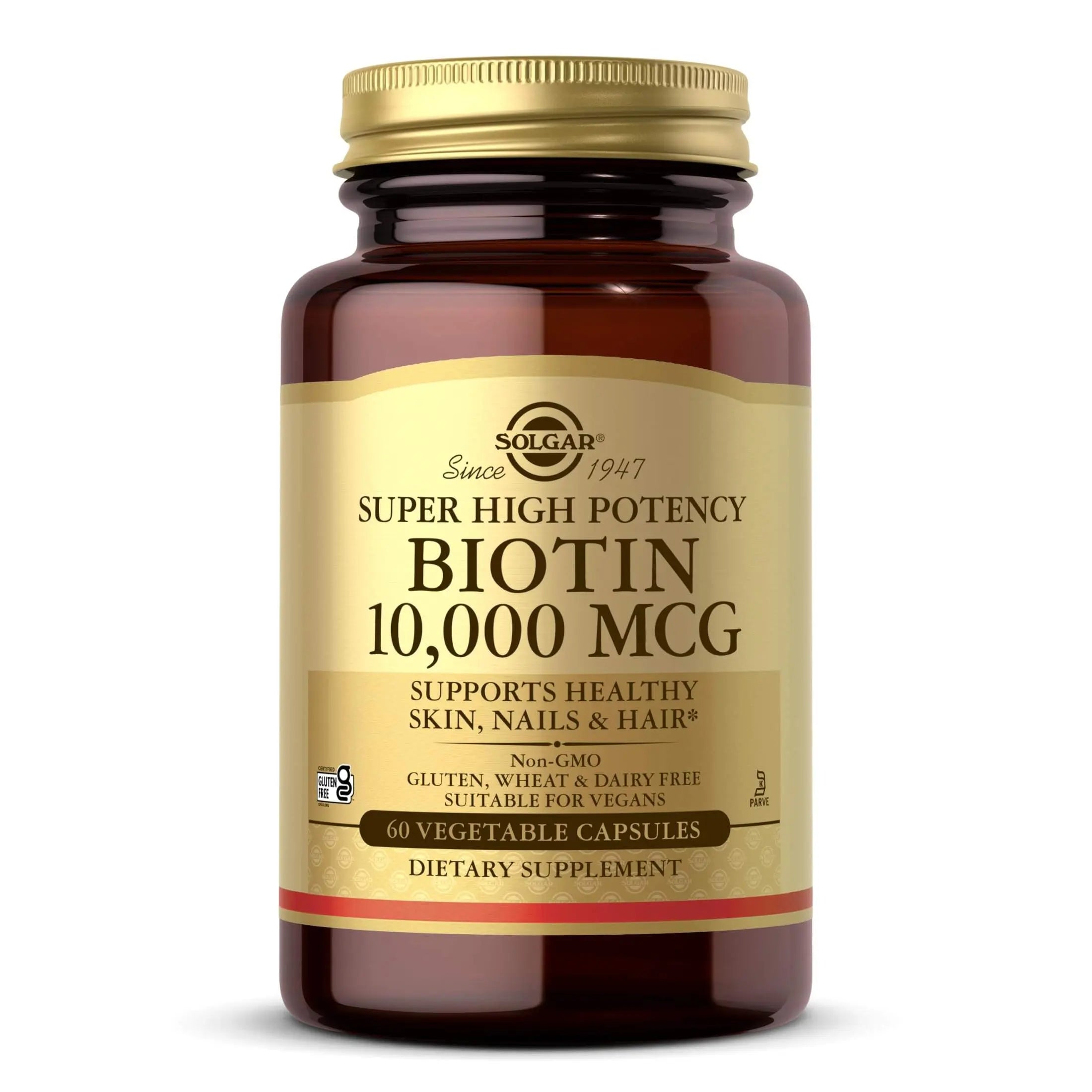 Solgar Biotin 10000 mcg Vegetable Capsules Energy Metabolism Promotes Healthy Skin Nails Hair Super High Potency NonGMO Vegan Gluten Free Dairy Free Kosher Servings, Standard Packaging, Unflavored, 120 Count