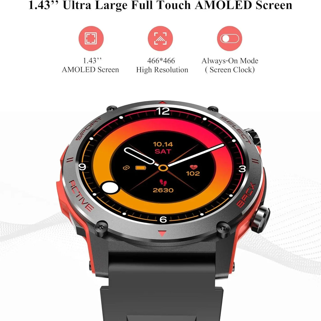 1.43 inch AMOLED screen smartwatch with orange gradient analog face and health data