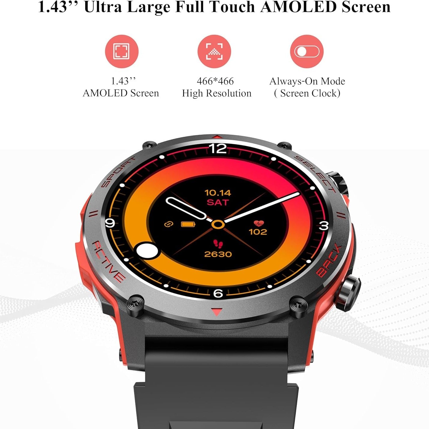 Smart Watch, 1.43''AMOLED 45mm Military Smartwatch Men Women Answer/Make Call, Digital Fitness Watch, 110+ Sports, Blood Pressure, Heart Rate, Stress Monitor Sports Watch for Android or iOS