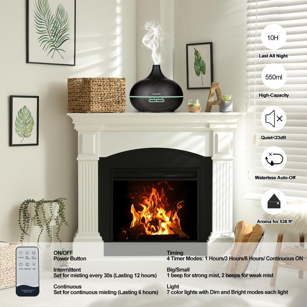Rakoon Ultimate Essential Oil Diffusers & Essential Oil Set, Aromatherapy Diffuser for Home with Top 10 Essential Oils, 550ml Air Diffuser for Large Room, 4 Timer & 15 Ambient Light