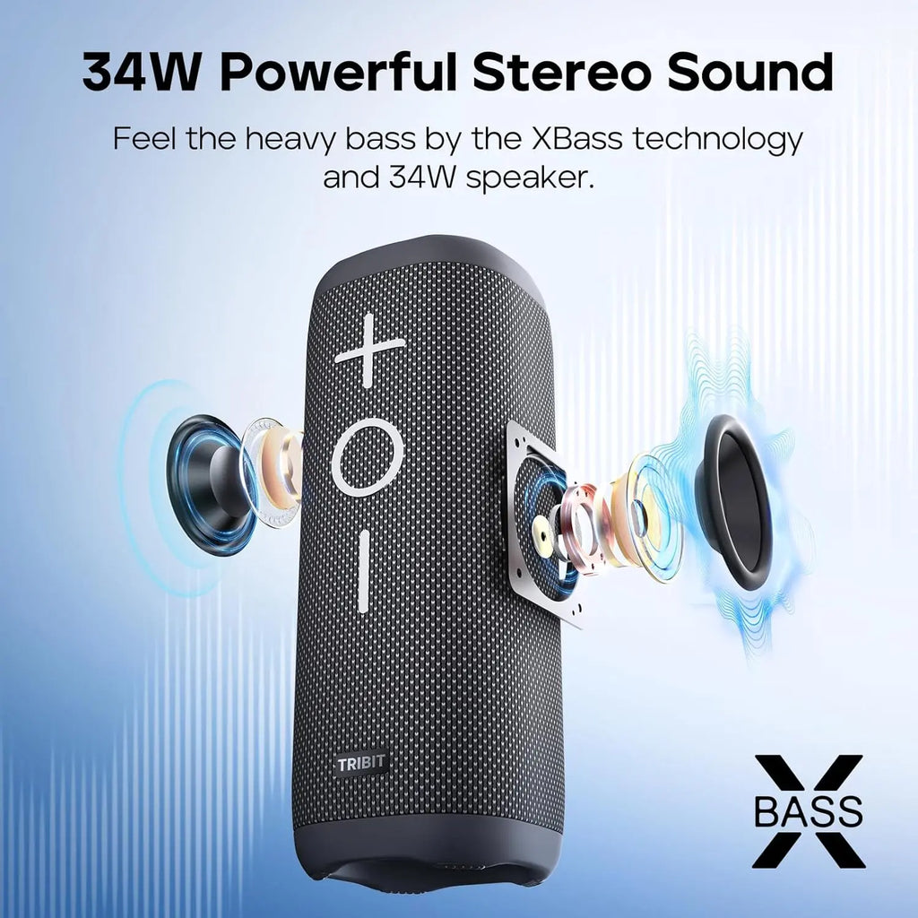 Tribit StormBox speaker with exposed drivers showcasing 34W XBass technology