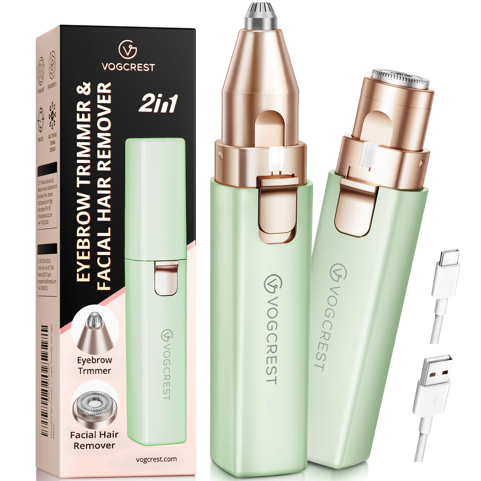 Portable Eyebrow Trimmer & Facial Hair Removal for Women, Rechargeable 2 in 1 Hair Remover and Eyebrow Razor, Eyebrow Lips Body Facial Hair Remover for Women with Built-in LED Light (White)