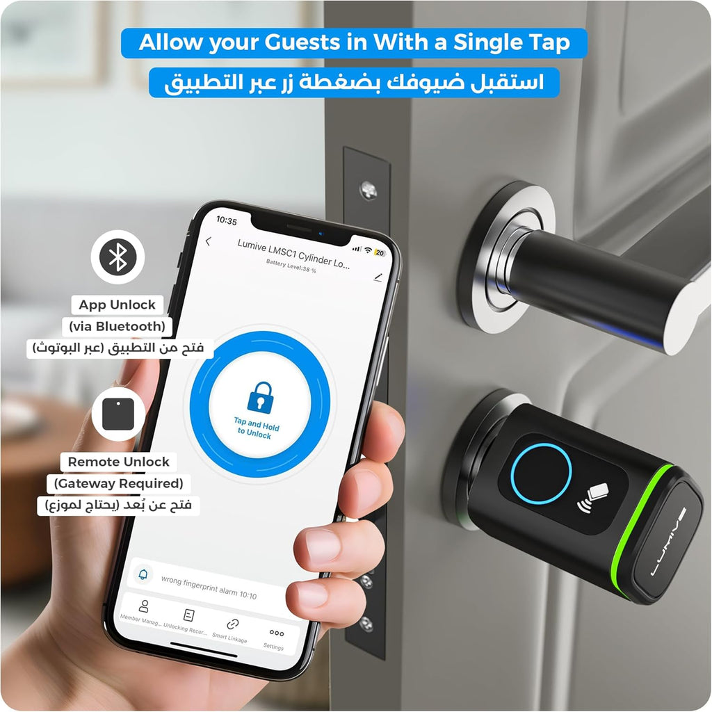 Lumive Smart Door Lock, Fingerprint Door Lock, Bluetooth App Unlock,2 Keys,2 RFID Cards,Fixed Cylinder, Black [Battery Included] (60mm Smart Cylinder)