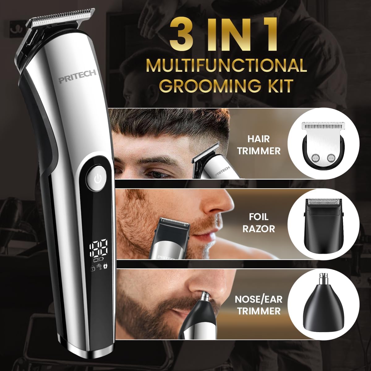 Pritech Hair Clippers for Men, Nose Trimmer, Micro Shavers 3 in 1 Men's Care Kit Wireless Rechargeable Electric Hair Trimmer with LED Display and T Cutting Head, IPX6, Black