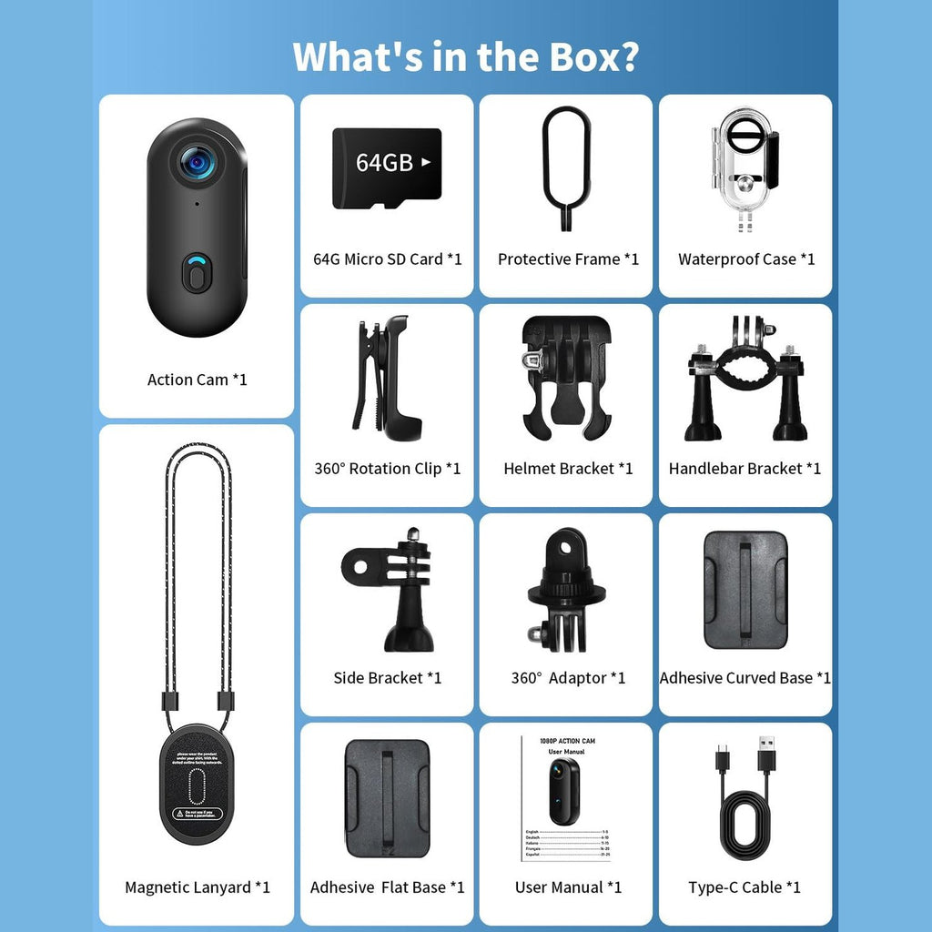 UYIKOO Action Cam WiFi, 64 GB Sports Camera WiFi 120° 1080P HD, Mini 360 Action Camera Bicycle Motorcycle Helmet Camera, Underwater Camera Small Body Cam Body Camera Waterproof for Swimming Pets