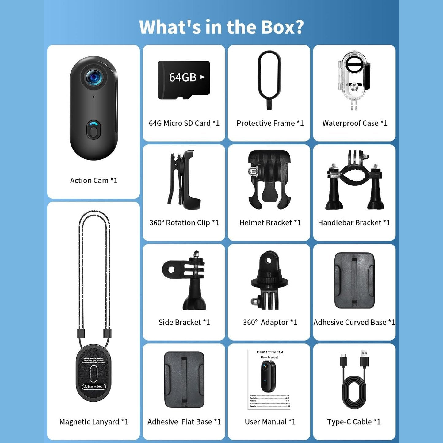 UYIKOO Action Cam WiFi, 64 GB Sports Camera WiFi 120° 1080P HD, Mini 360 Action Camera Bicycle Motorcycle Helmet Camera, Underwater Camera Small Body Cam Body Camera Waterproof for Swimming Pets