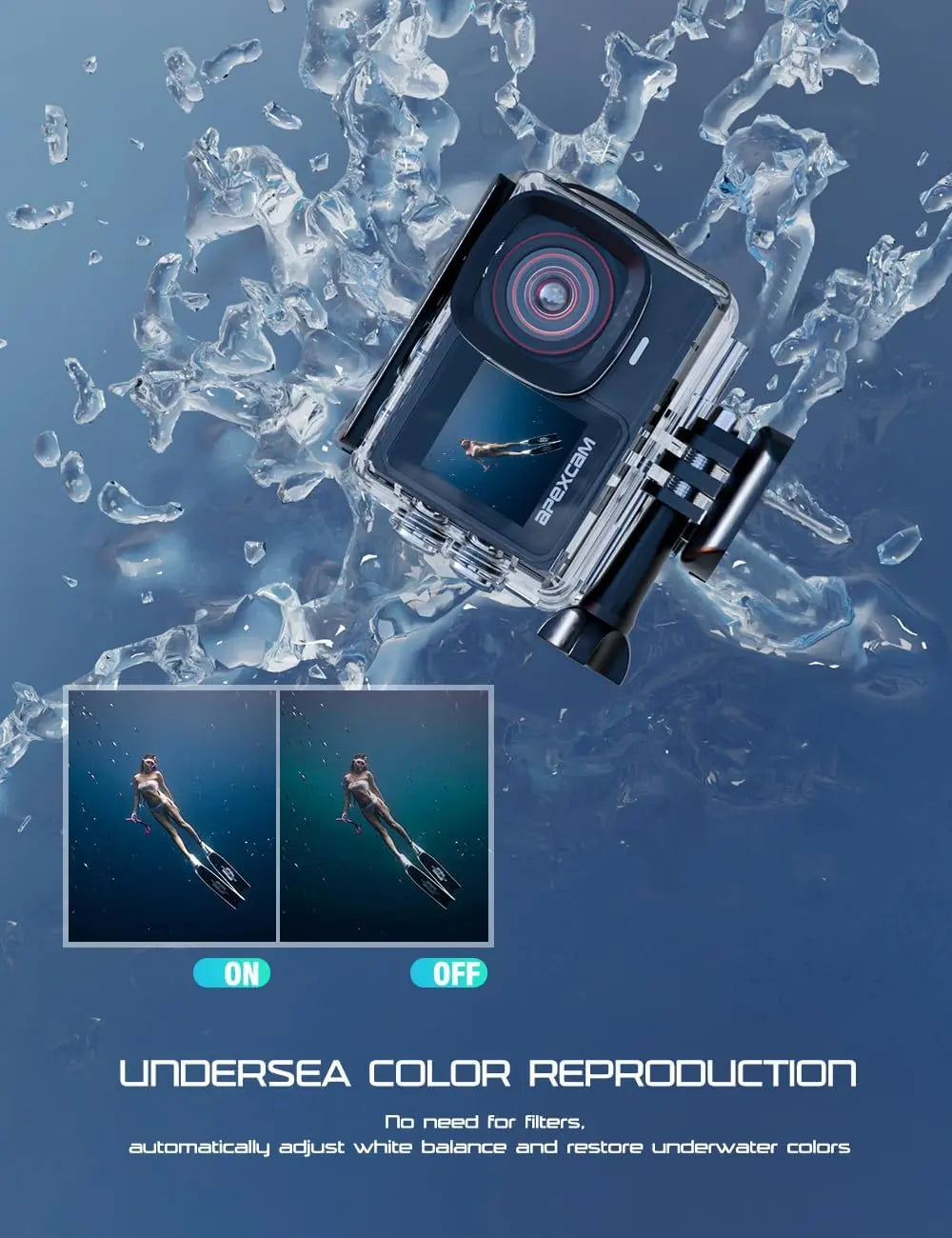 Apexcam 4K 60FPS Dual Screen Action Camera HD 48MP Sports Camera Water Resistant 40M Underwater Camera WiFi 170° Wide Angle
