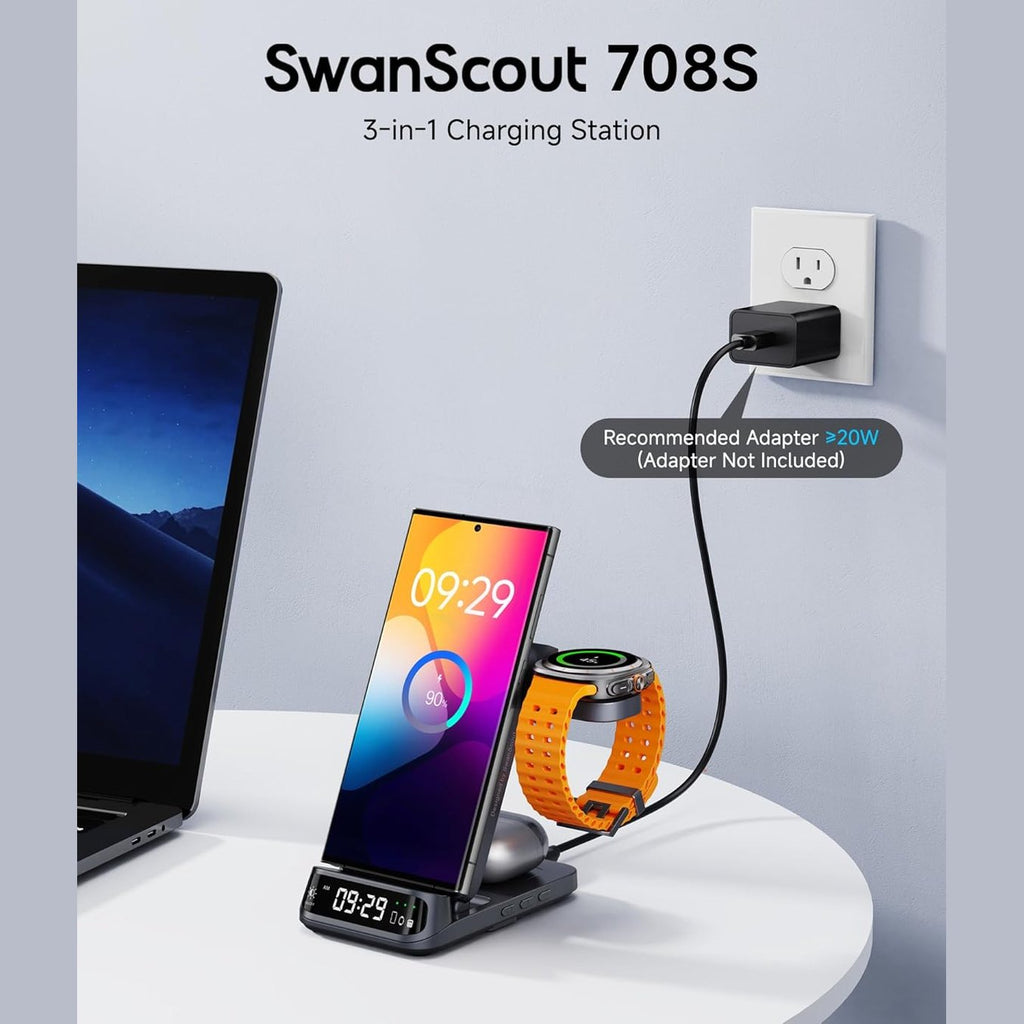Wireless Charging Station for Samsung, 3 in 1 Wireless Charger for Samsung S25/S24/S23/Z Flip/Z Fold, for Galaxy Watch 8 Classic/8/Ultra/7/FE/6/5, SwanScout 708S (NO Adapter)