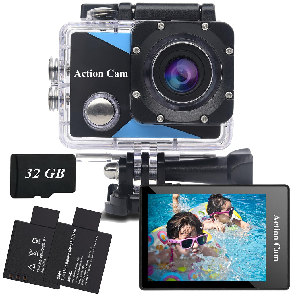Nvgfelis WiFi Action Cam FHD, Underwater Camera Waterproof up to 30 m, Action Camera with 2 x 1050 mAh Rechargeable Batteries and Accessory Set