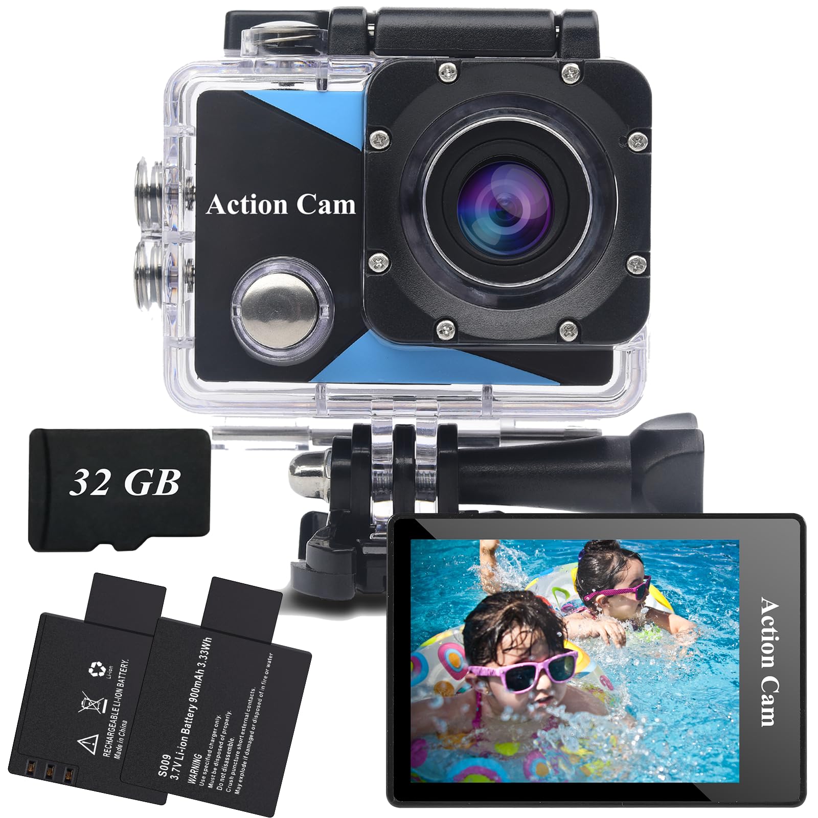 Nvgfelis WiFi Action Cam FHD, Underwater Camera Waterproof up to 30 m, Action Camera with 2 x 1050 mAh Rechargeable Batteries and Accessory Set