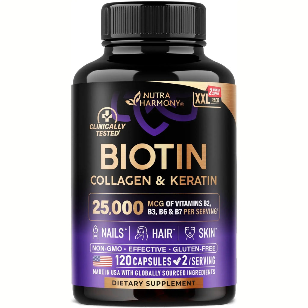 Biotin | Collagen | Hyaluronic Acid | Keratin - Hair Growth & Strength Support Vitamins - Skin & Nails Supplement - Clinically Tested for Men & Women - 25000mcg Vitamins B1, B2, B3, B6 & B7 - 60 Caps