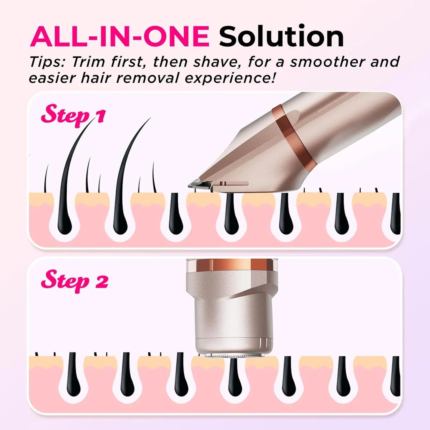 Bikini Trimmer for Women Pubic Hair: 2 in 1 Electric Razors for Women - Rechargeable Electric Shaver - IPX7 Waterproof Bikini Shaver for Travel & Shower Use in Summer (Rose Gold)