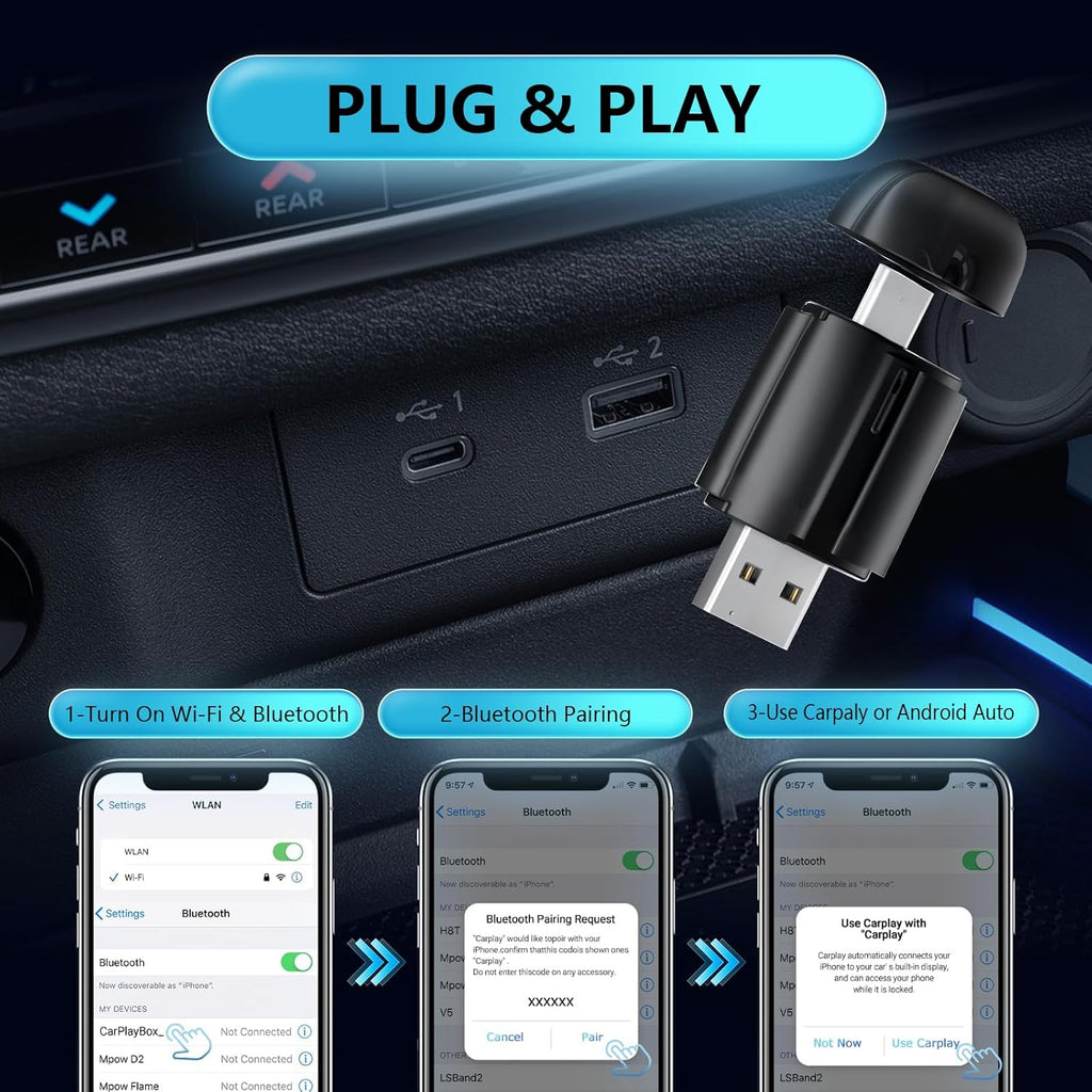 Wireless Carplay Adapter, 2025 Upgrade Converts Wired to Wireless Adapter for iPhone, Wireless Control Plug & Play Carplay for 2017+ Cars and for Apple iPhone iOS 10+