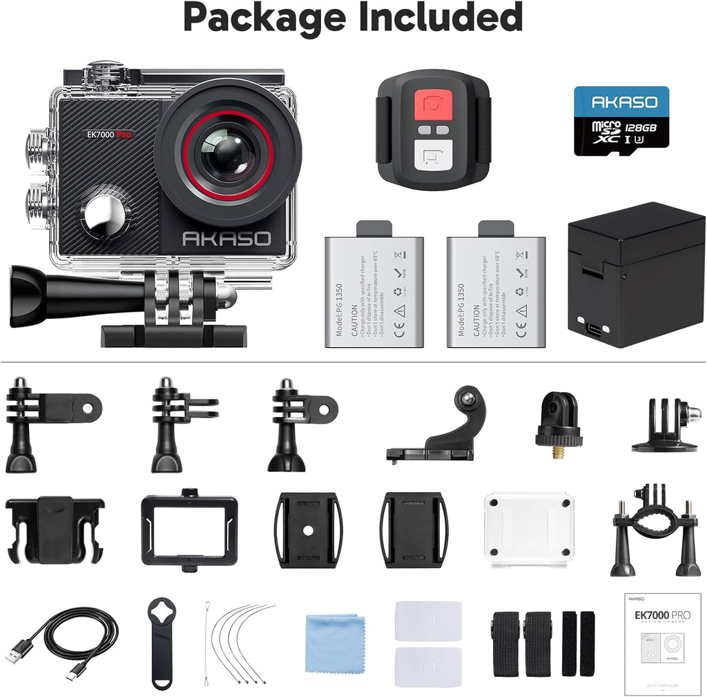 AKASO EK7000 Pro 4K Sports Camera with MicroSDXC Card 128GB, 20MP WiFi Action Sports Camera with Touch Screen, EIS Stabilizer, Remote Control, 170° Adjustable Angle, 40M Waterproof and 2 Batteries