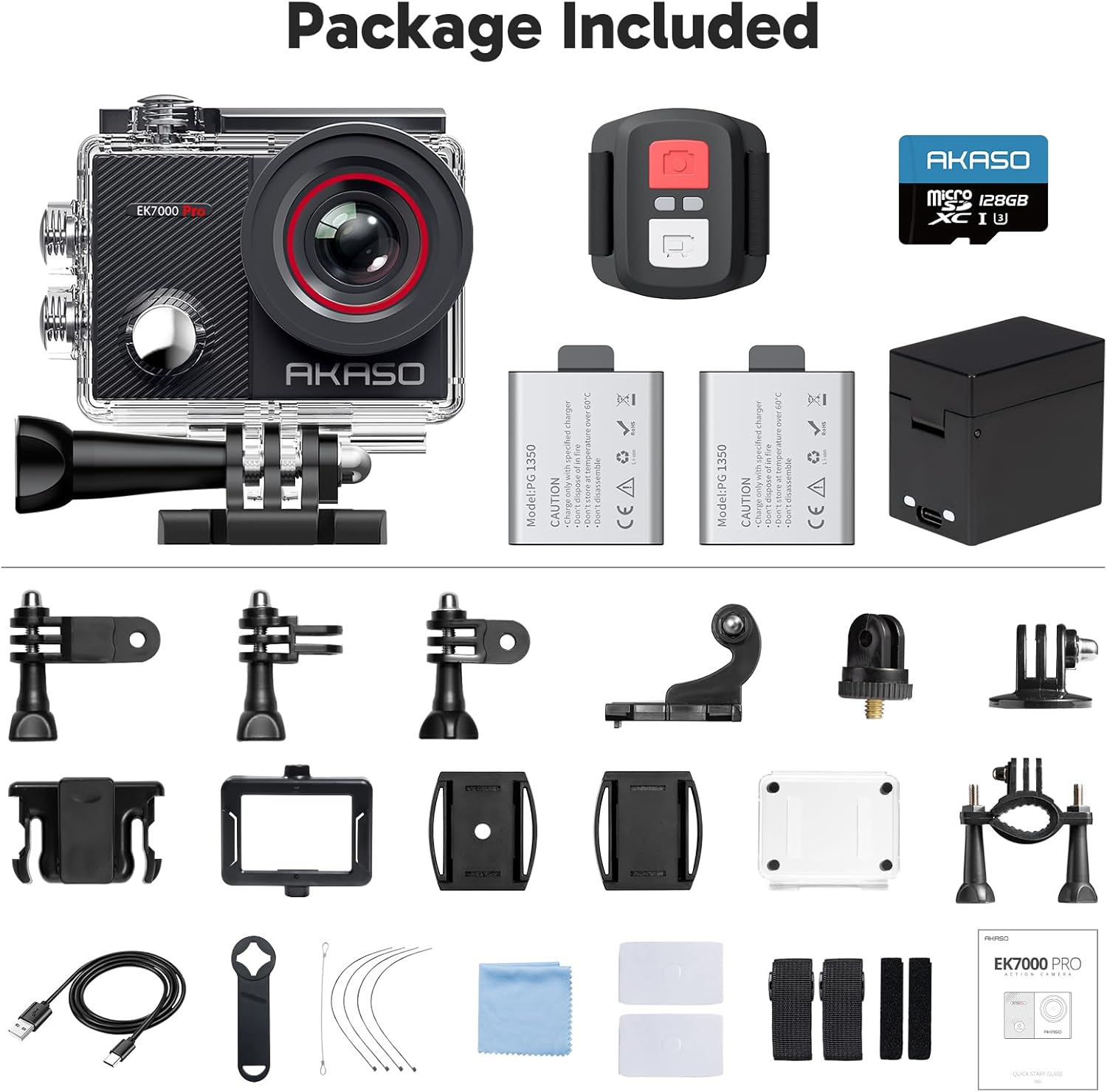 AKASO EK7000 Pro 4K Sports Camera with MicroSDXC Card 128GB, 20MP WiFi Action Sports Camera with Touch Screen, EIS Stabilizer, Remote Control, 170° Adjustable Angle, 40M Waterproof and 2 Batteries