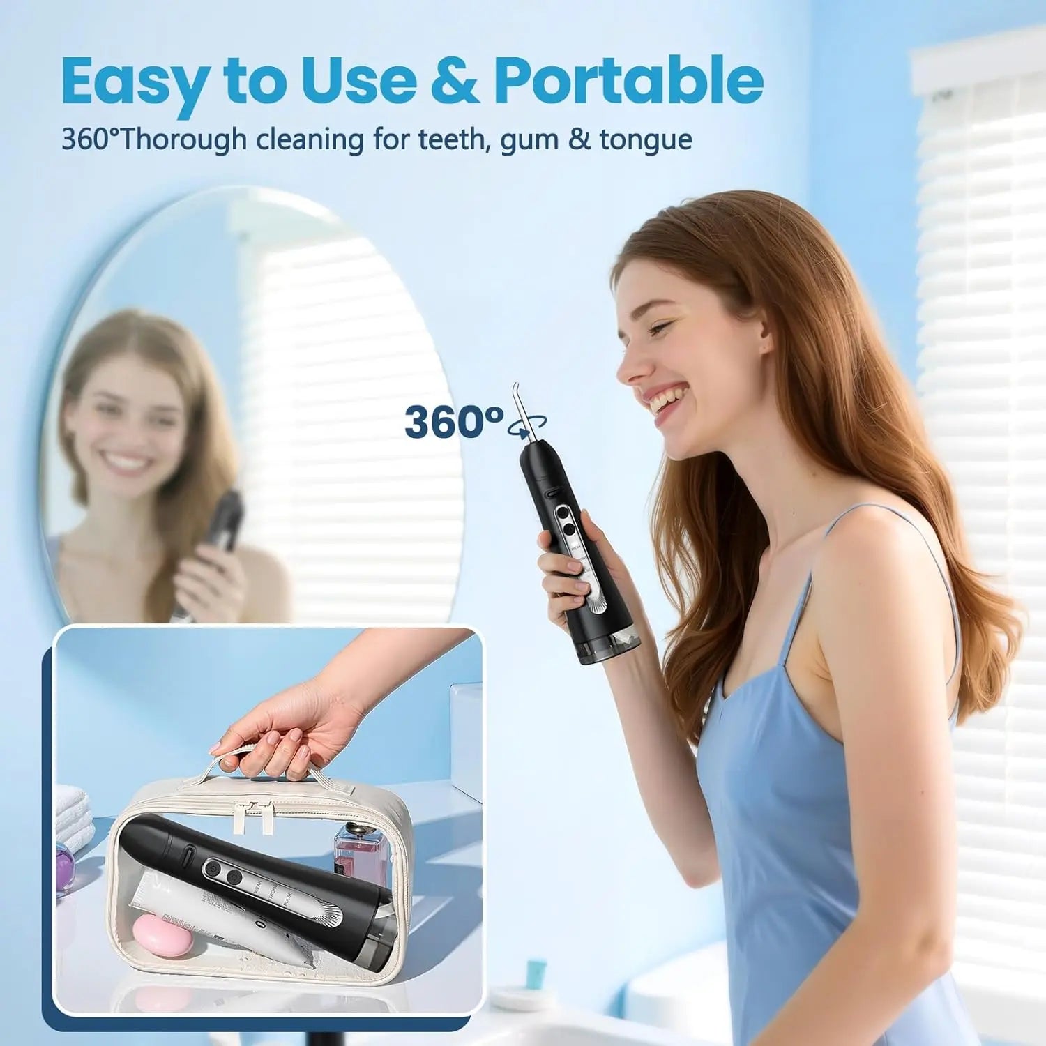 Woman using portable black water dental flosser in bathroom with travel pouch